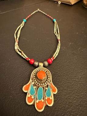 Vintage Tibetan Hamsa Hand of Fatima Necklace with Coral and Turquoise Inlay